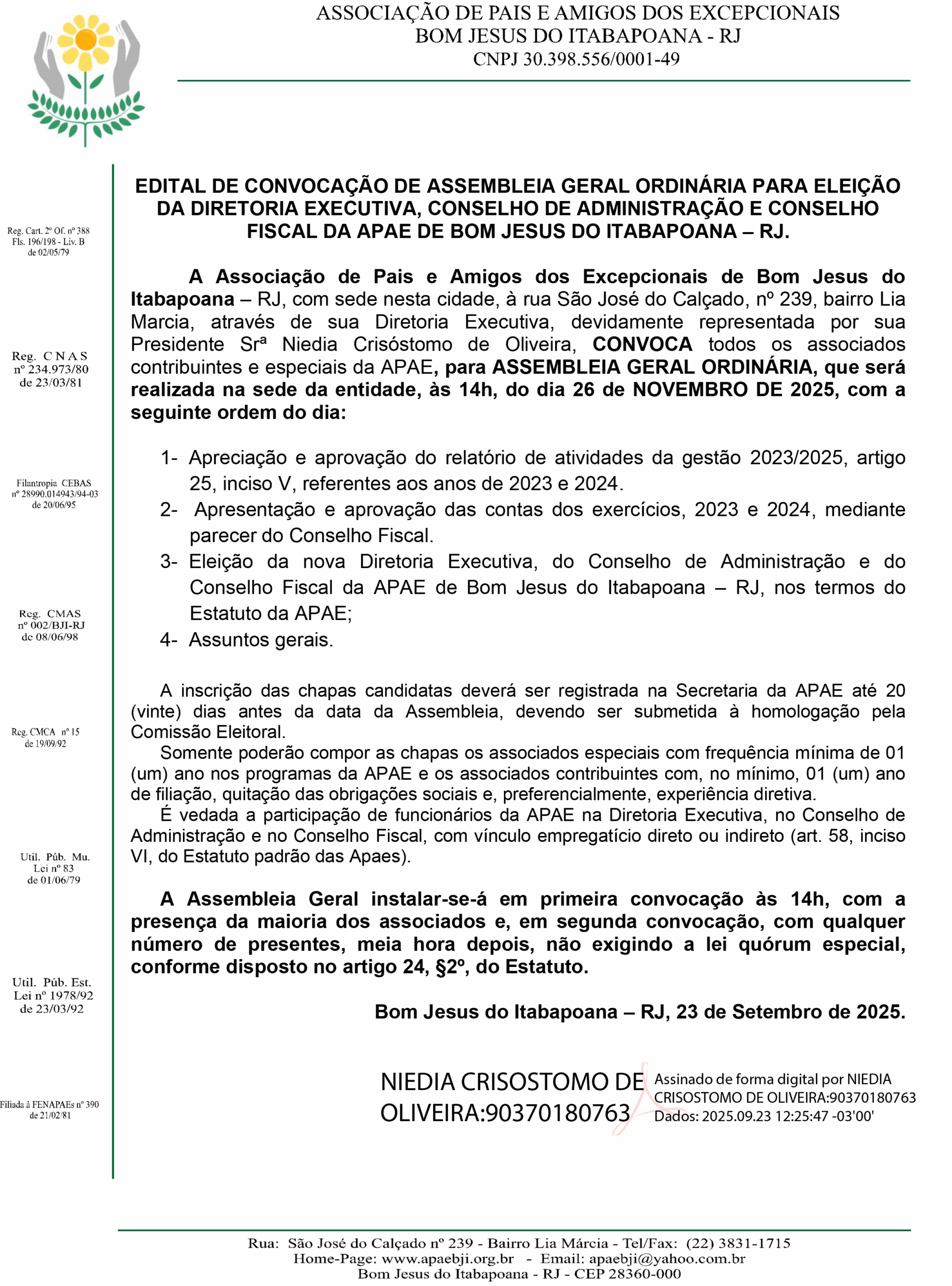 APAE de Bom Jesus convoca assembleia geral para eleição da nova diretoria